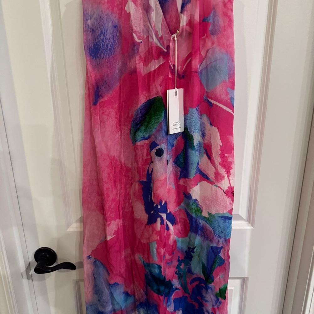 NWT: HEMANT & NANDITA Pink Floral Maxi Dress with Blue & Green Accents - Picture 5 of 16